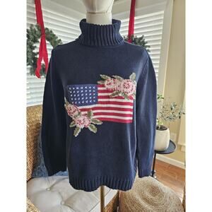 Petite Sophisticate Navy Turtleneck Sweater with Flag & Floral Intarsia
